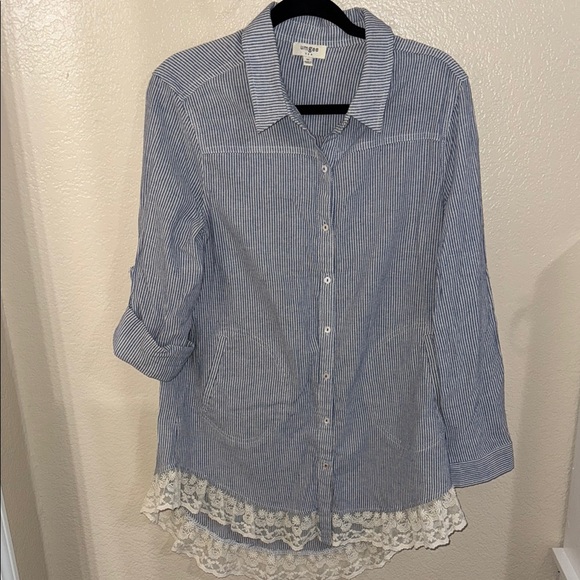 Umgee Tops - Umgee Blue Striped Button-Up Shirt with Lace Hem